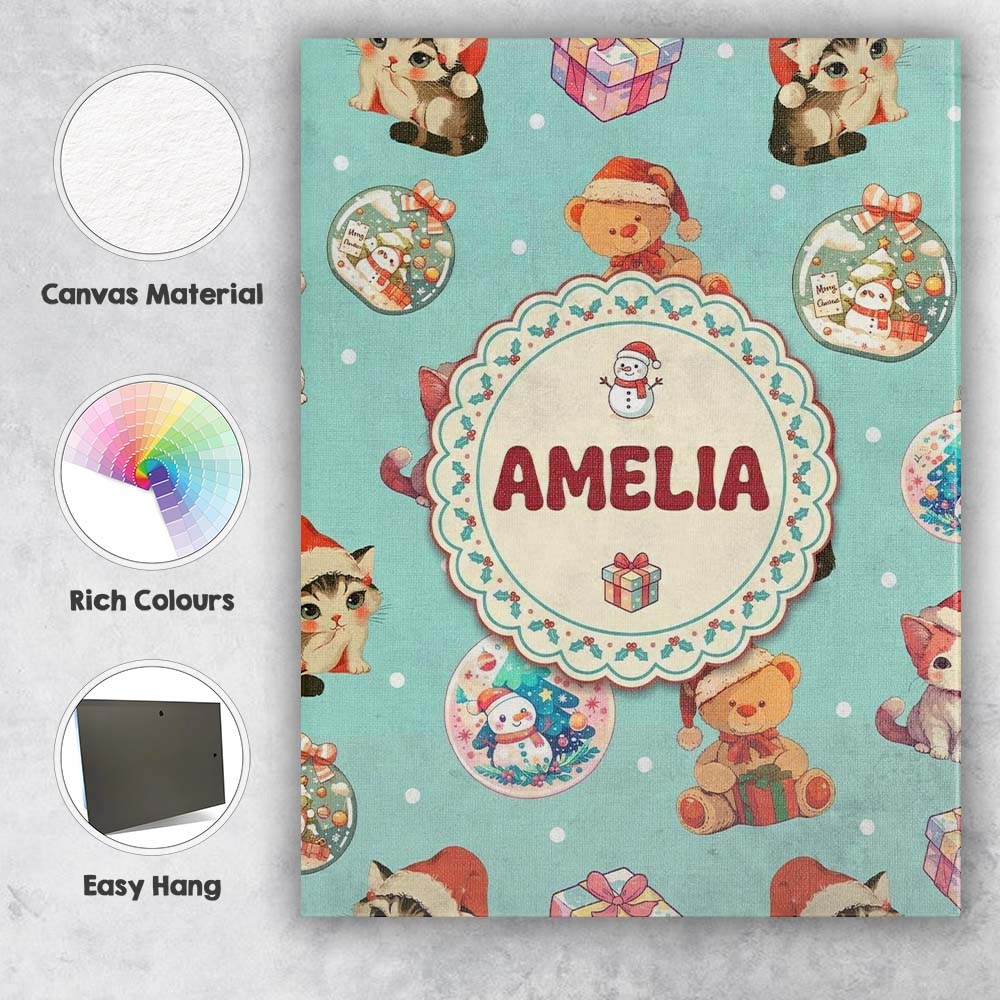 Personalised Name Cute Christmas Cats Teddy Custom  Bespoke Interior Contemporary Canvas Wall Art Print Decor Picture Ready to Hang