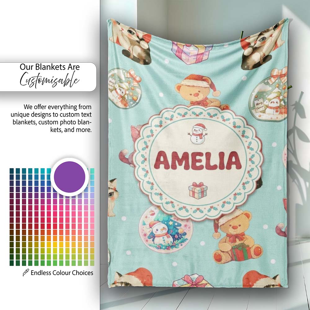Cute Christmas Cats Teddy Bear Baubles on Teal Background Seamless  Personalised Custom Name Super Soft Fleece Blanket Bed Sofa Throw