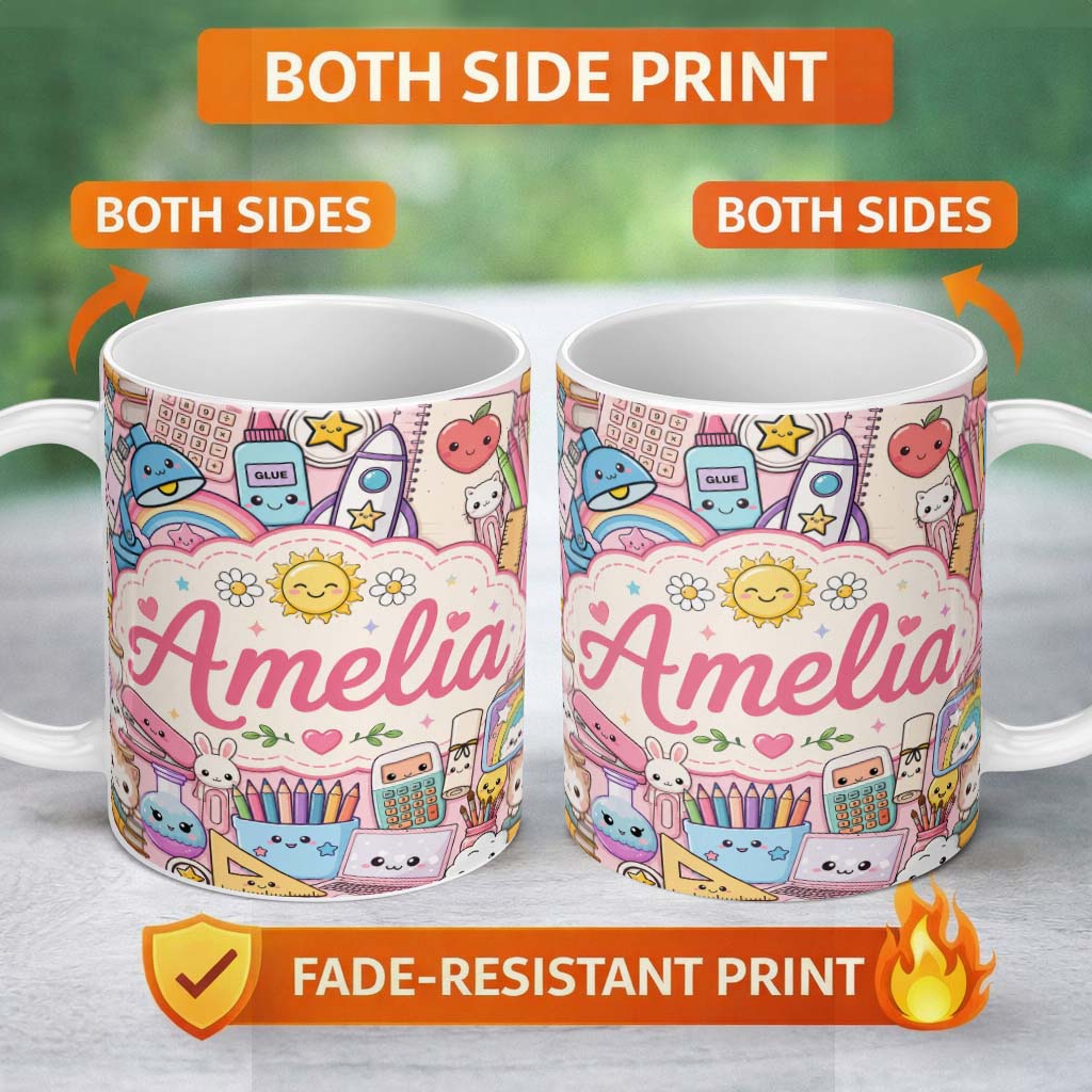 Personalized Custom Name Cute Kawaii School Supplies Science Art Cute Pattern Pink Background 11oz Ceramic Coffee Tea Mug White Large Handle