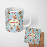 Personalized Custom Name Cute Christmas Cat Teddy Bear Baubles on Light Blue Background 11oz Ceramic Coffee Tea Mug White Large Handle