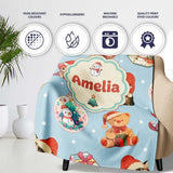 Cute Christmas Cat Teddy Bear Baubles on Light Blue Background  Personalised Custom Name Super Soft Fleece Blanket Bed Sofa Throw