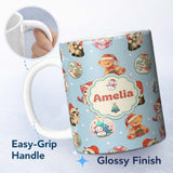Personalized Custom Name Cute Christmas Cat Teddy Bear Baubles on Light Blue Background 11oz Ceramic Coffee Tea Mug White Large Handle