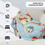 Cute Christmas Cat Teddy Bear Baubles on Light Blue Background  Personalised Custom Name Super Soft Fleece Blanket Bed Sofa Throw