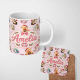 Personalized Custom Name Cute Christmas Cats Teddy Bear Baubles on Soft Pink Background 11oz Ceramic Coffee Tea Mug White Large Handle
