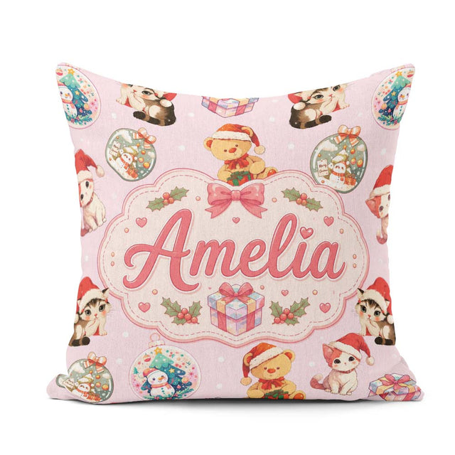 Custom Name Cute Cats Teddy Bear Baubles on Soft Pink Background Square Filled Cushion Throw Pillow Sofa Bed Home Decor Zip Washable UK Made