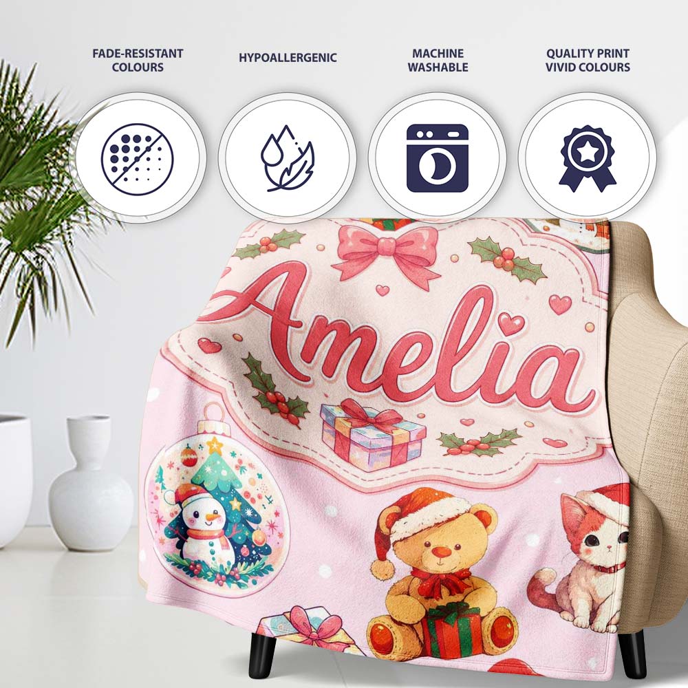 Cute Christmas Cats Teddy Bear Baubles on Soft Pink Background  Personalised Custom Name Super Soft Fleece Blanket Bed Sofa Throw