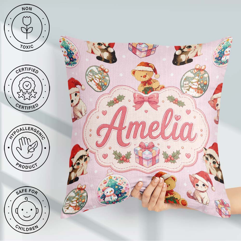 Custom Name Cute Cats Teddy Bear Baubles on Soft Pink Background Square Filled Cushion Throw Pillow Sofa Bed Home Decor Zip Washable UK Made