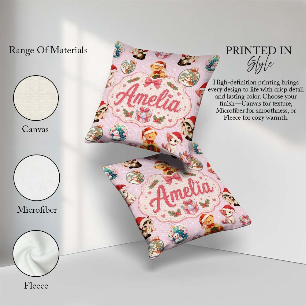 Custom Name Cute Cats Teddy Bear Baubles on Soft Pink Background Square Filled Cushion Throw Pillow Sofa Bed Home Decor Zip Washable UK Made