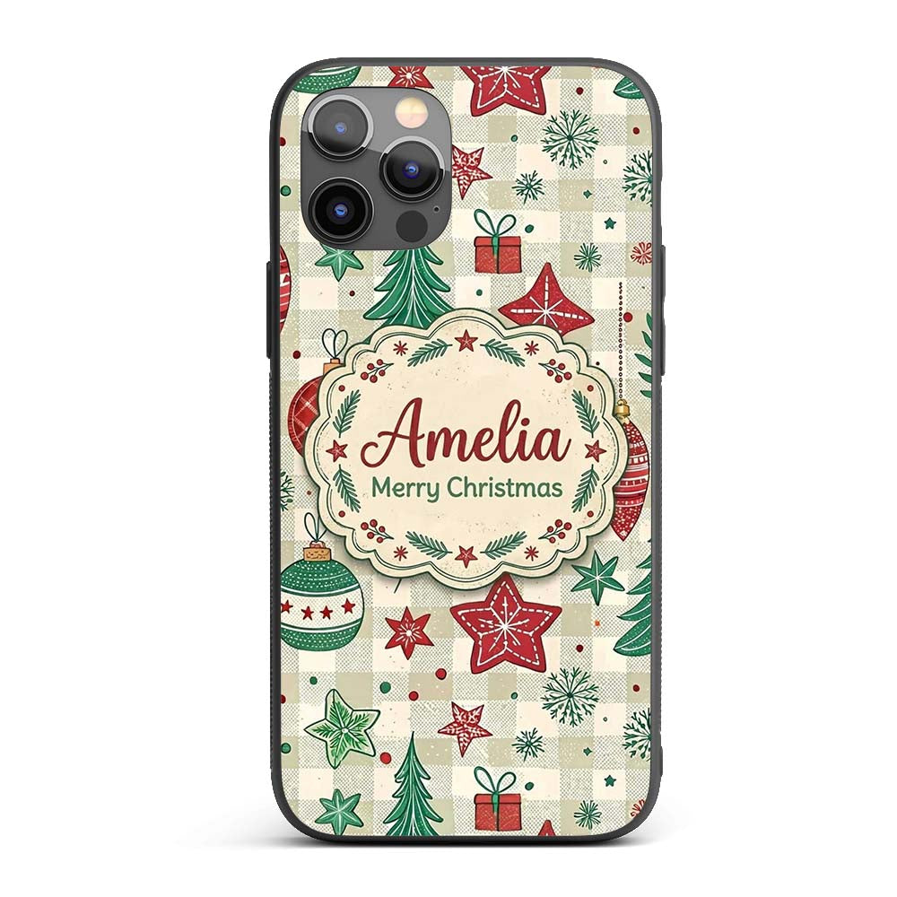 Christmas Ornaments Trees Snowflakes Checkered Custom Name Protective Phone Case Mobile Cover Durable Everyday Smartphone Shock Resistant