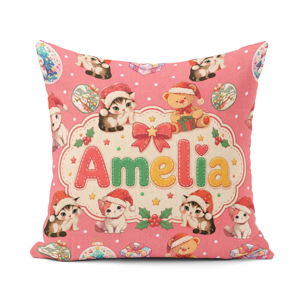Custom Name Cute Cat Teddy Bear Baubles on Coral Pink Background Square Filled Cushion Throw Pillow Sofa Bed Home Decor Zip Washable UK Made