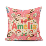 Custom Name Cute Cat Teddy Bear Baubles on Coral Pink Background Square Filled Cushion Throw Pillow Sofa Bed Home Decor Zip Washable UK Made