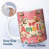 Personalized Custom Name Cute Christmas Cat Teddy Bear Baubles on Coral Pink Background 11oz Ceramic Coffee Tea Mug White Large Handle