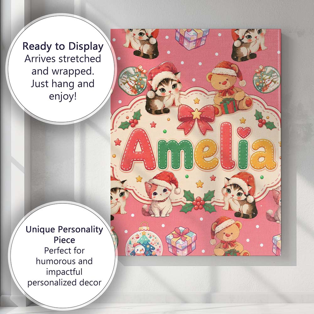Personalised Name Cute Christmas Cat Teddy Custom  Unique Gift Idea Elegant Feature Canvas Wall Art Print Decor Picture Ready to Hang