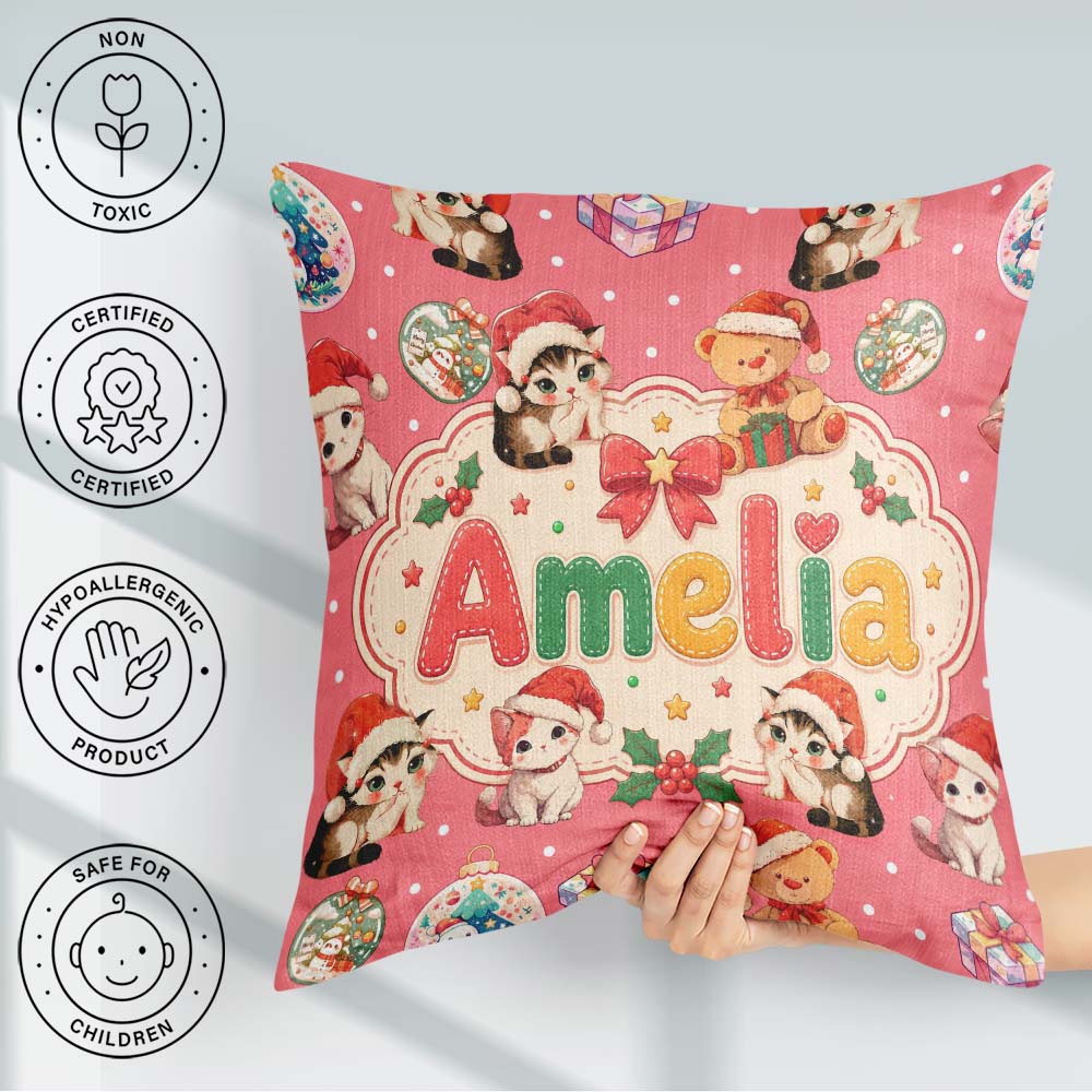Custom Name Cute Cat Teddy Bear Baubles on Coral Pink Background Square Filled Cushion Throw Pillow Sofa Bed Home Decor Zip Washable UK Made