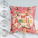 Custom Name Cute Cat Teddy Bear Baubles on Coral Pink Background Square Filled Cushion Throw Pillow Sofa Bed Home Decor Zip Washable UK Made
