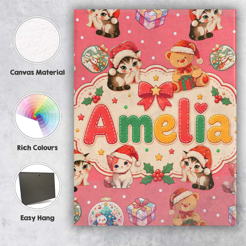 Personalised Name Cute Christmas Cat Teddy Custom  Unique Gift Idea Elegant Feature Canvas Wall Art Print Decor Picture Ready to Hang