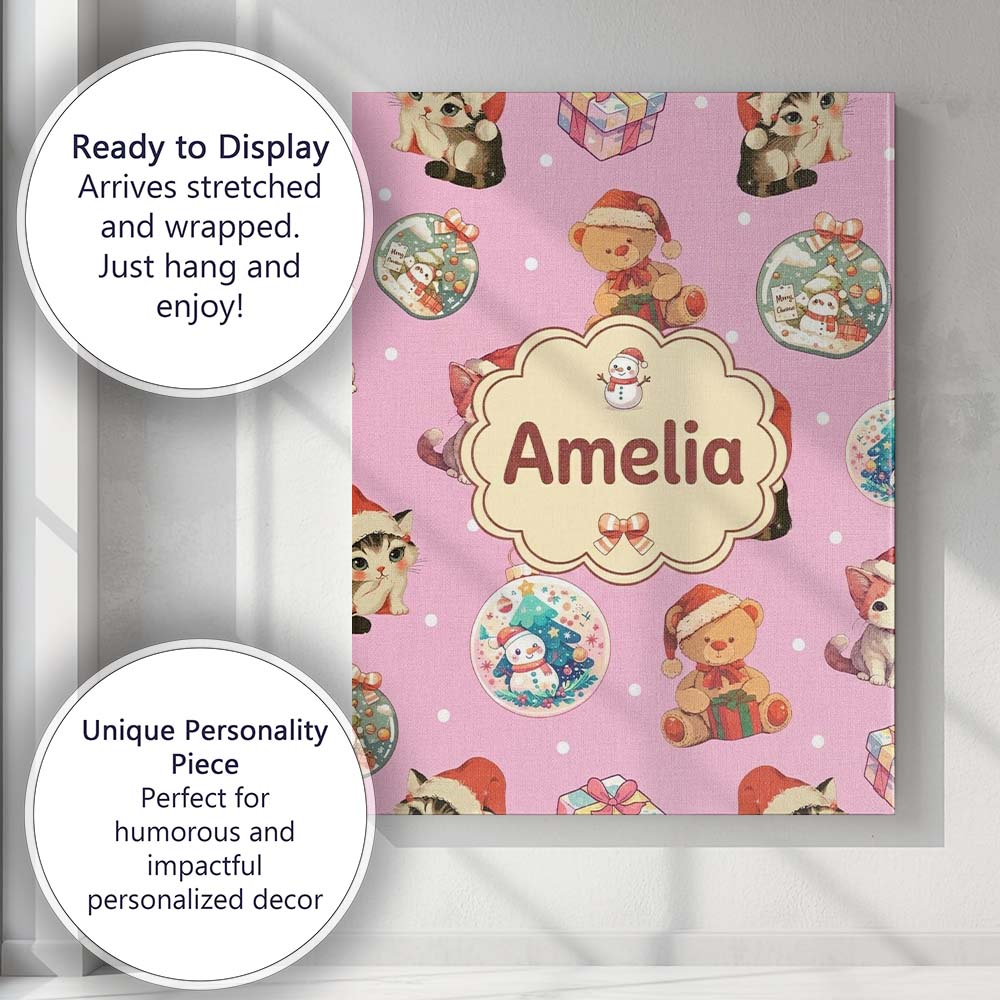Personalised Name Cute Christmas Cat Teddy Custom  Unique Gift Idea Elegant Feature Canvas Wall Art Print Decor Picture Ready to Hang