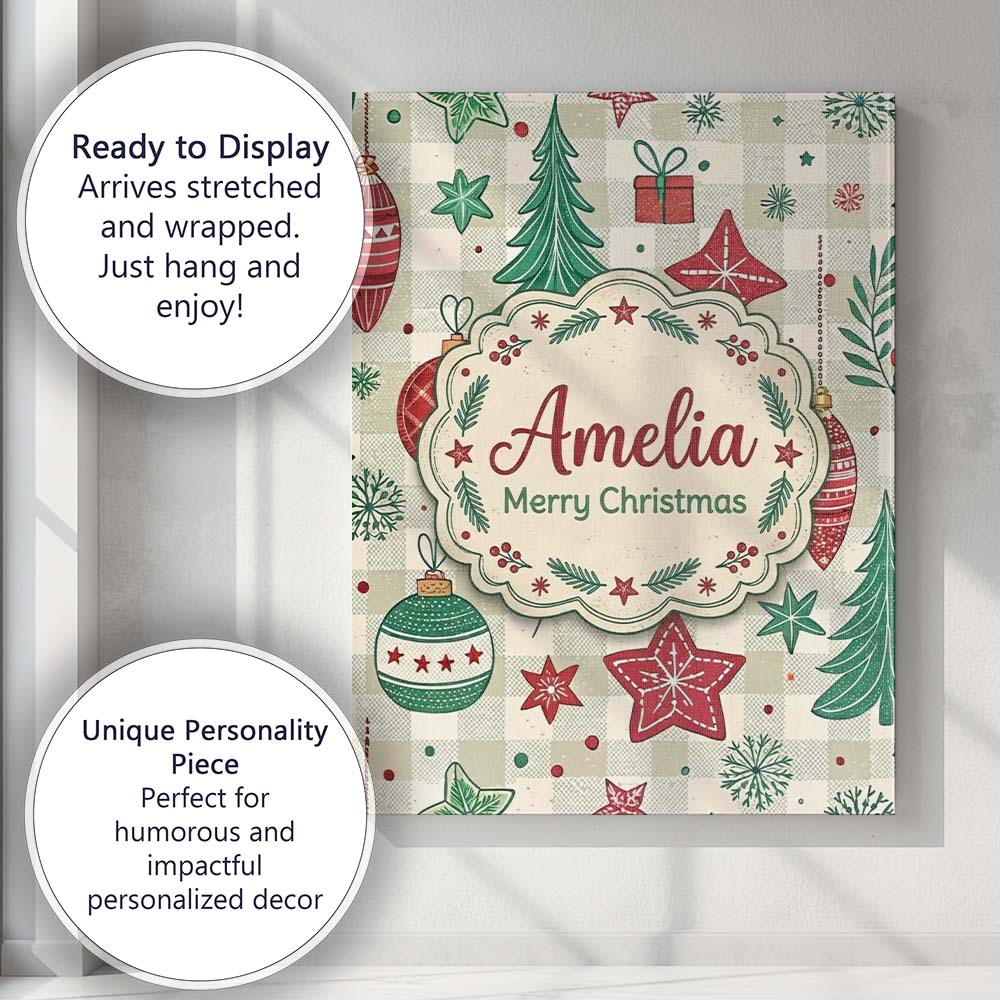 Personalised Name Christmas Ornaments Trees Snowflakes Checkered Custom  Interior Canvas Wall Art Print Decor Picture Ready to Hang