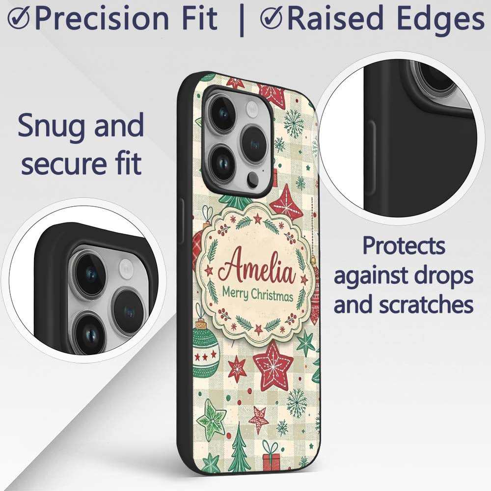 Christmas Ornaments Trees Snowflakes Checkered Custom Name Protective Phone Case Mobile Cover Durable Everyday Smartphone Shock Resistant