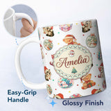 Personalized Custom Name Cute Christmas Cat Teddy Bear Baubles on White Background Seamless 11oz Ceramic Coffee Tea Mug White Large Handle