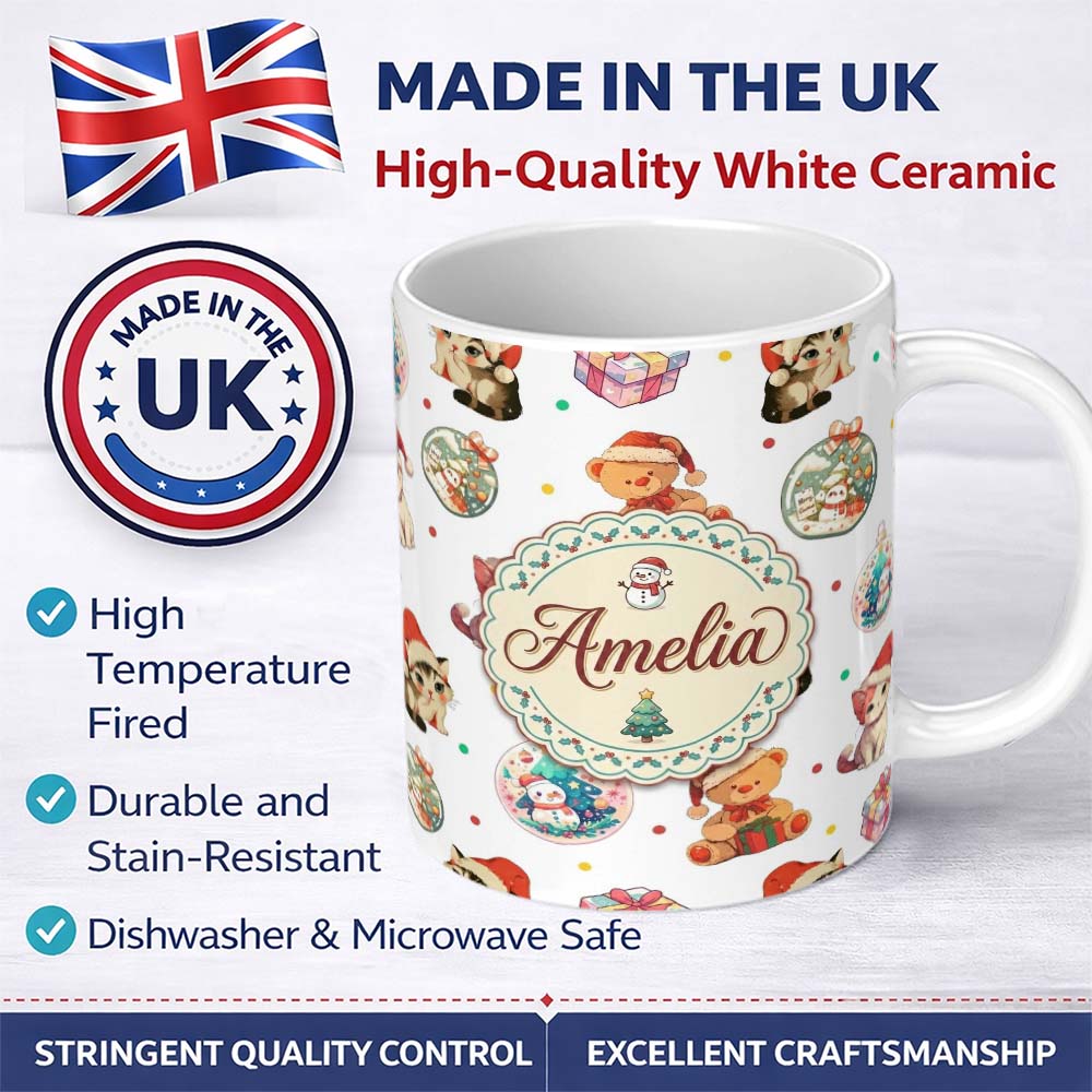 Personalized Custom Name Cute Christmas Cat Teddy Bear Baubles on White Background Seamless 11oz Ceramic Coffee Tea Mug White Large Handle