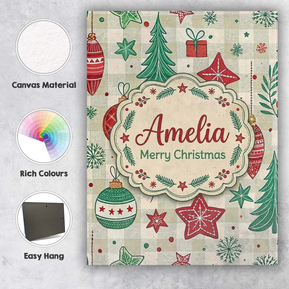 Personalised Name Christmas Ornaments Trees Snowflakes Checkered Custom  Interior Canvas Wall Art Print Decor Picture Ready to Hang