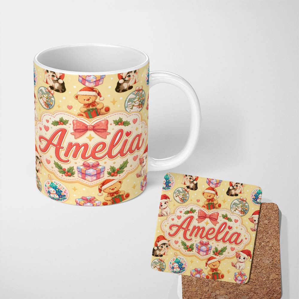 Personalized Custom Name Cute Christmas Cat Teddy Bear Baubles on Warm Beige Background 11oz Ceramic Coffee Tea Mug White Large Handle