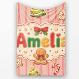 Gingerbread Man Cookies Candy Cane on Pink Stripe Background  Personalised Custom Name Super Soft Fleece Blanket Bed Sofa Throw