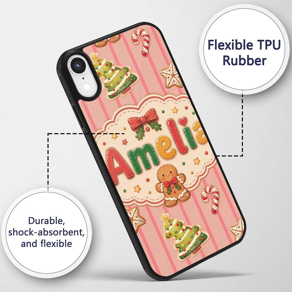 Gingerbread Man Cookies Candy Cane on Pink Stripe Custom Name Protective Phone Case Mobile Cover Durable Everyday Smartphone Shock Resistant