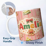 Personalized Custom Name Gingerbread Man Cookies Candy Cane on Pink Stripe Background 11oz Ceramic Coffee Tea Mug White Large Handle