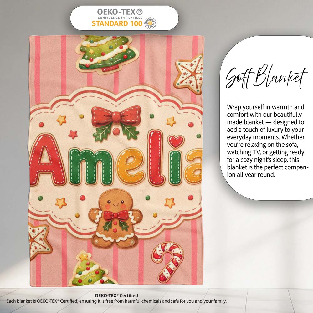 Gingerbread Man Cookies Candy Cane on Pink Stripe Background  Personalised Custom Name Super Soft Fleece Blanket Bed Sofa Throw