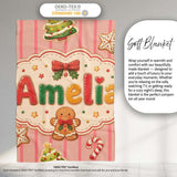 Gingerbread Man Cookies Candy Cane on Pink Stripe Background  Personalised Custom Name Super Soft Fleece Blanket Bed Sofa Throw