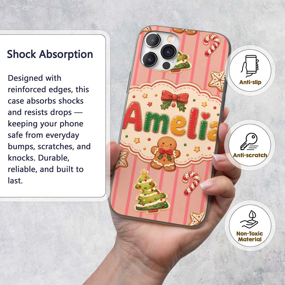Gingerbread Man Cookies Candy Cane on Pink Stripe Custom Name Protective Phone Case Mobile Cover Durable Everyday Smartphone Shock Resistant