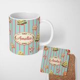 Personalized Custom Name Gingerbread Man Cookies Candy Cane on Mint Stripe Background 11oz Ceramic Coffee Tea Mug White Large Handle