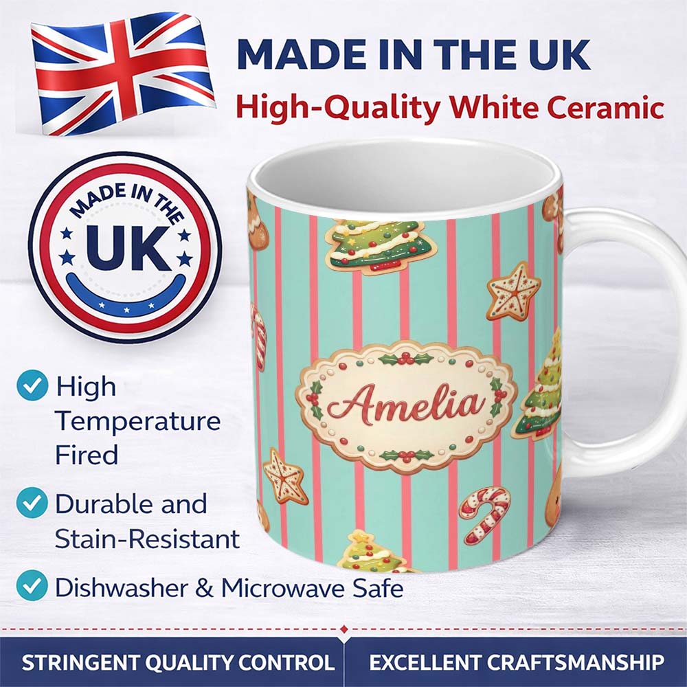 Personalized Custom Name Gingerbread Man Cookies Candy Cane on Mint Stripe Background 11oz Ceramic Coffee Tea Mug White Large Handle