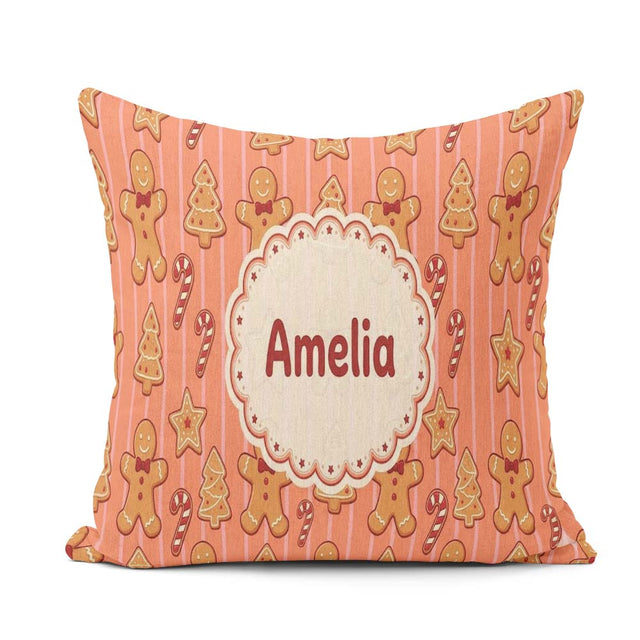 Custom Name Gingerbread Man Cookies Candy Cane on Orange Stripe Square Filled Cushion Throw Pillow Sofa Bed Home Decor Zip Washable UK Made