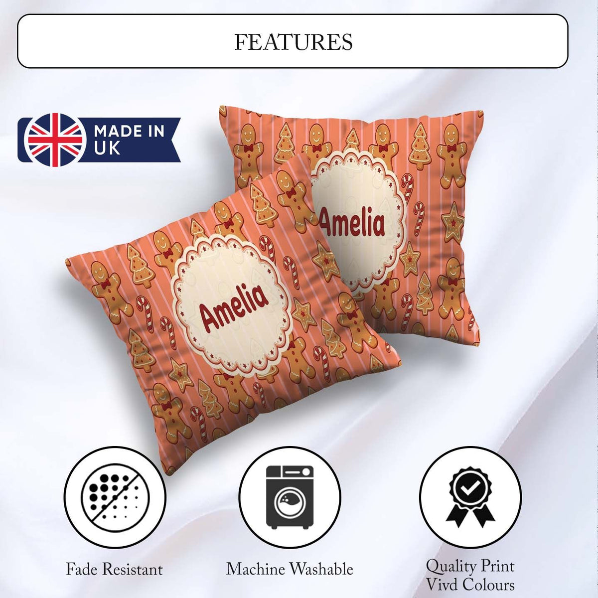 Custom Name Gingerbread Man Cookies Candy Cane on Orange Stripe Square Filled Cushion Throw Pillow Sofa Bed Home Decor Zip Washable UK Made