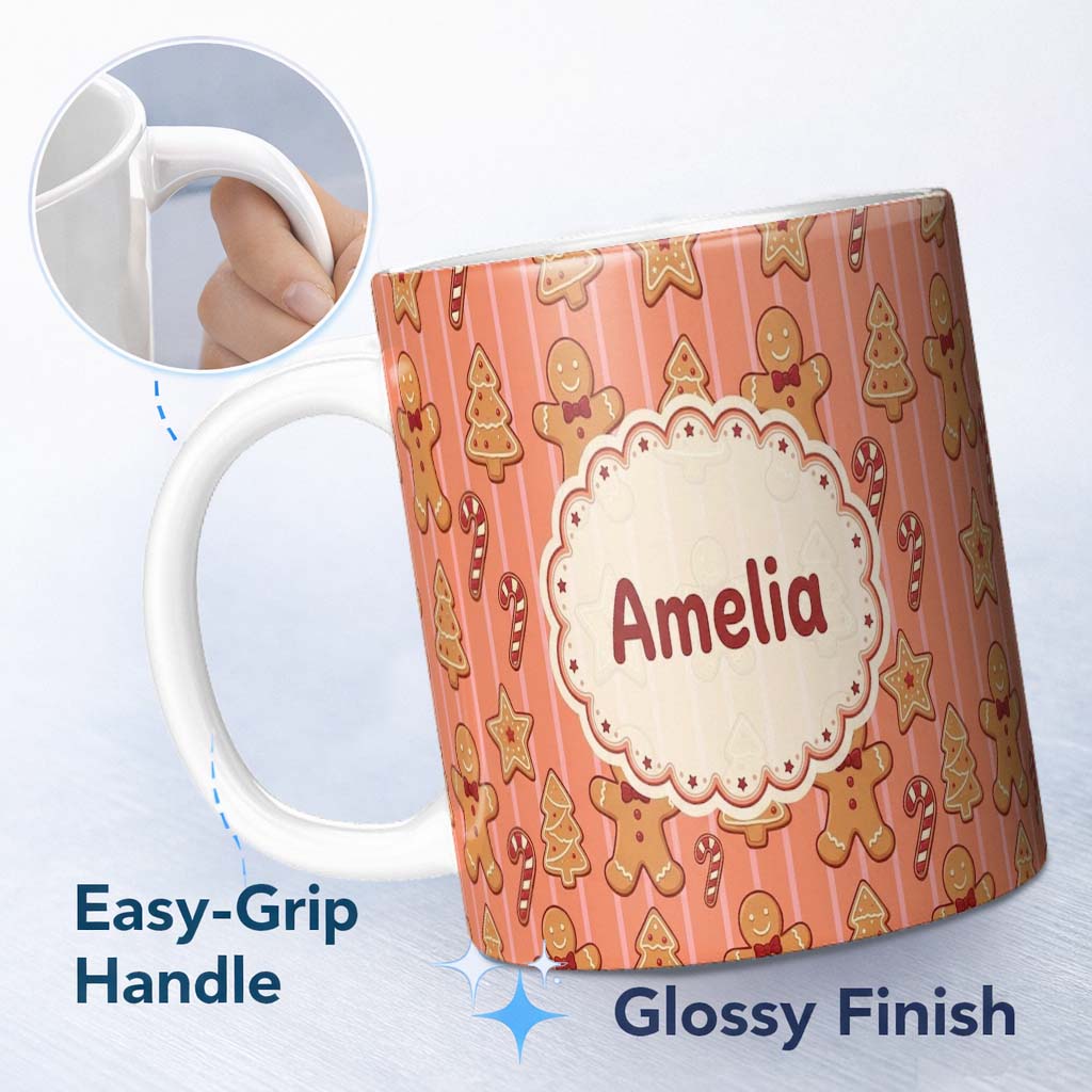 Personalized Custom Name Gingerbread Man Cookies Candy Cane on Orange Stripe Background 11oz Ceramic Coffee Tea Mug White Large Handle