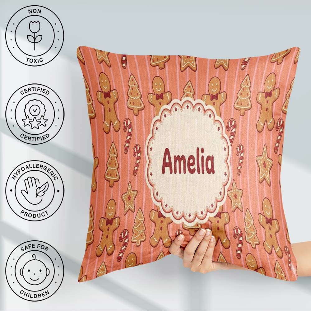 Custom Name Gingerbread Man Cookies Candy Cane on Orange Stripe Square Filled Cushion Throw Pillow Sofa Bed Home Decor Zip Washable UK Made