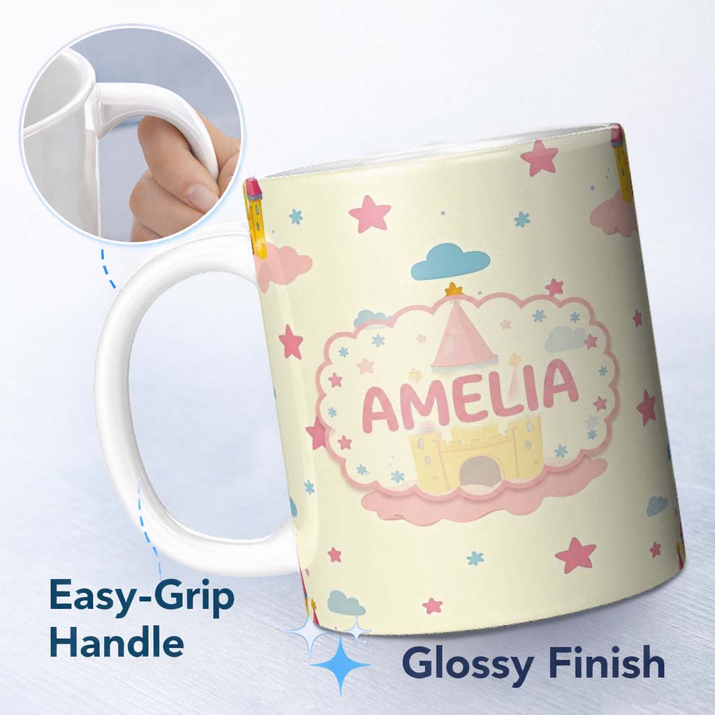 Personalized Custom Name Cute Fantasy Castle Clouds Stars Seamless Pattern Cute Unique Gift 11oz Ceramic Coffee Tea Mug White Large Handle