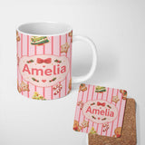 Personalized Custom Name Gingerbread Man Cookies on Soft Blush Pink Stripe Background 11oz Ceramic Coffee Tea Mug White Large Handle