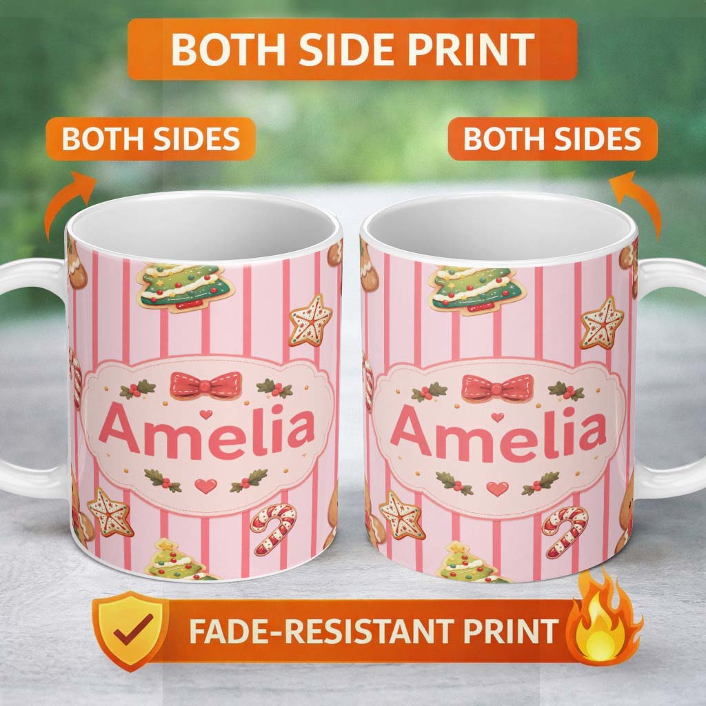 Personalized Custom Name Gingerbread Man Cookies on Soft Blush Pink Stripe Background 11oz Ceramic Coffee Tea Mug White Large Handle