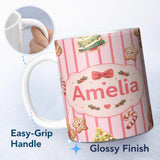 Personalized Custom Name Gingerbread Man Cookies on Soft Blush Pink Stripe Background 11oz Ceramic Coffee Tea Mug White Large Handle