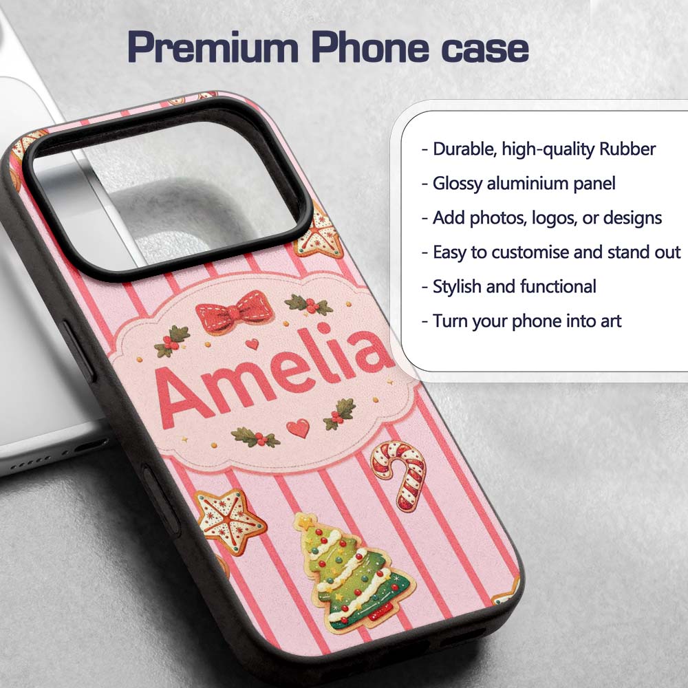 Gingerbread Man Cookies on Soft Blush Pink Stripe Custom Name Protective Phone Case Mobile Cover Durable Everyday Smartphone Shock Resistant
