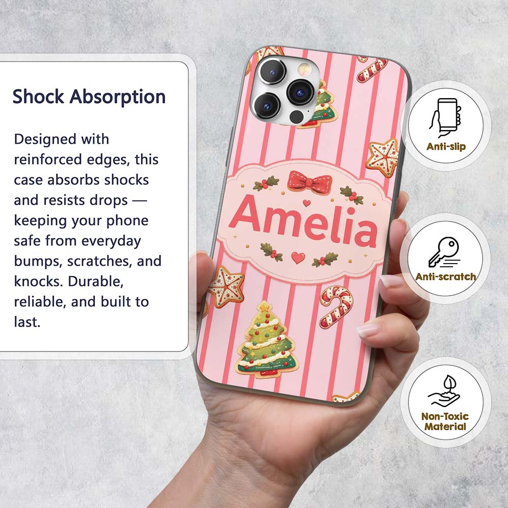 Gingerbread Man Cookies on Soft Blush Pink Stripe Custom Name Protective Phone Case Mobile Cover Durable Everyday Smartphone Shock Resistant