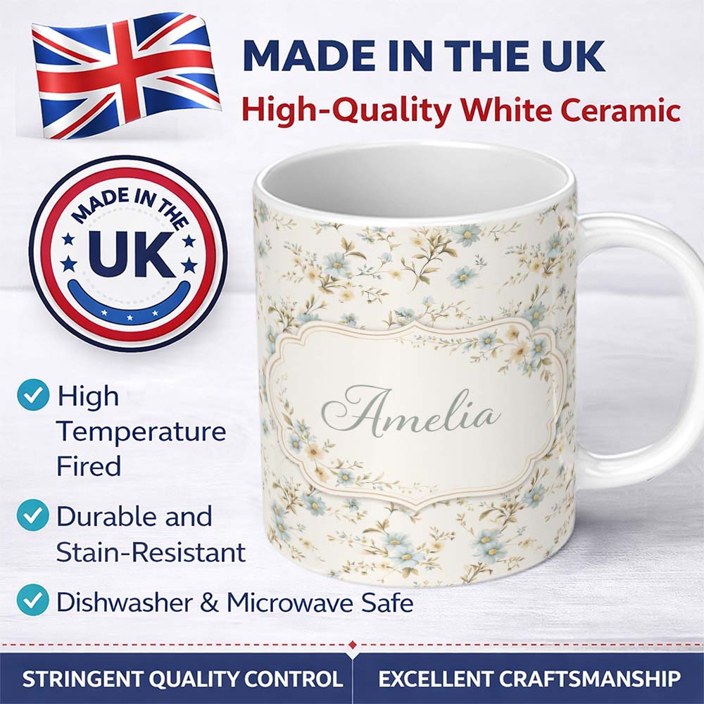Personalized Custom Name Blue Floral Vintage Blossom Pattern Cream Background Seamless Lovely 11oz Ceramic Coffee Tea Mug White Large Handle