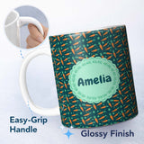 Personalized Custom Name Cute Minimal Carrot and Clover Tossed Dark Teal Background Design 11oz Ceramic Coffee Tea Mug White Large Handle