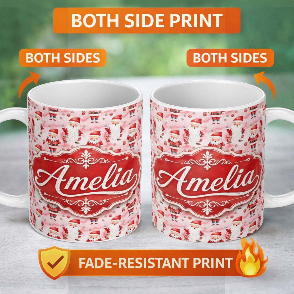 Personalized Custom Name Cute Cartoon Santa Pink Snow Gift Pattern Whimsical Christmas Lovely 11oz Ceramic Coffee Tea Mug White Large Handle