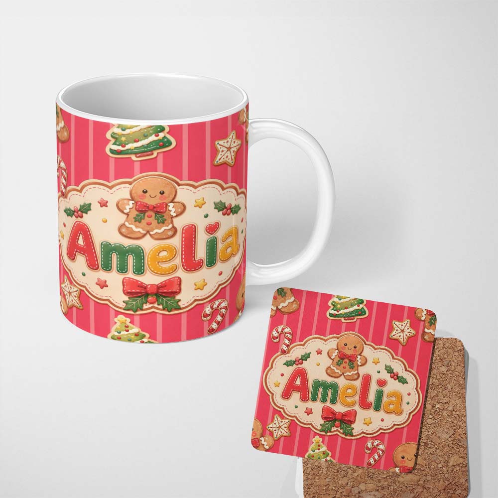 Personalized Custom Name Gingerbread Man Cookies Candy Cane on Bright Red Stripe Background 11oz Ceramic Coffee Tea Mug White Large Handle