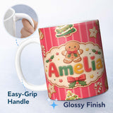 Personalized Custom Name Gingerbread Man Cookies Candy Cane on Bright Red Stripe Background 11oz Ceramic Coffee Tea Mug White Large Handle